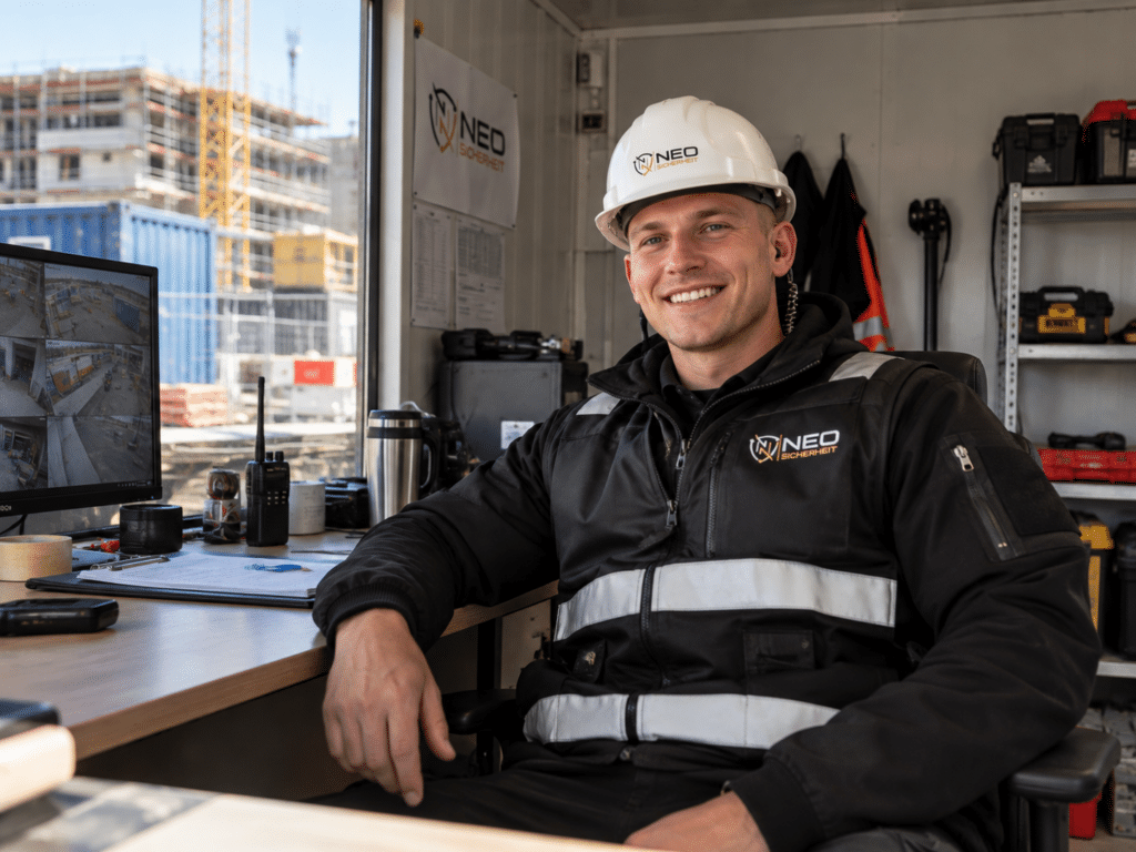 Sicherheitsmitarbeiter von NEO Sicherheit im Baustellencontainer