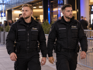 Streifendienst: zwei Sicherheitskräfte im nächtlichen Einsatz