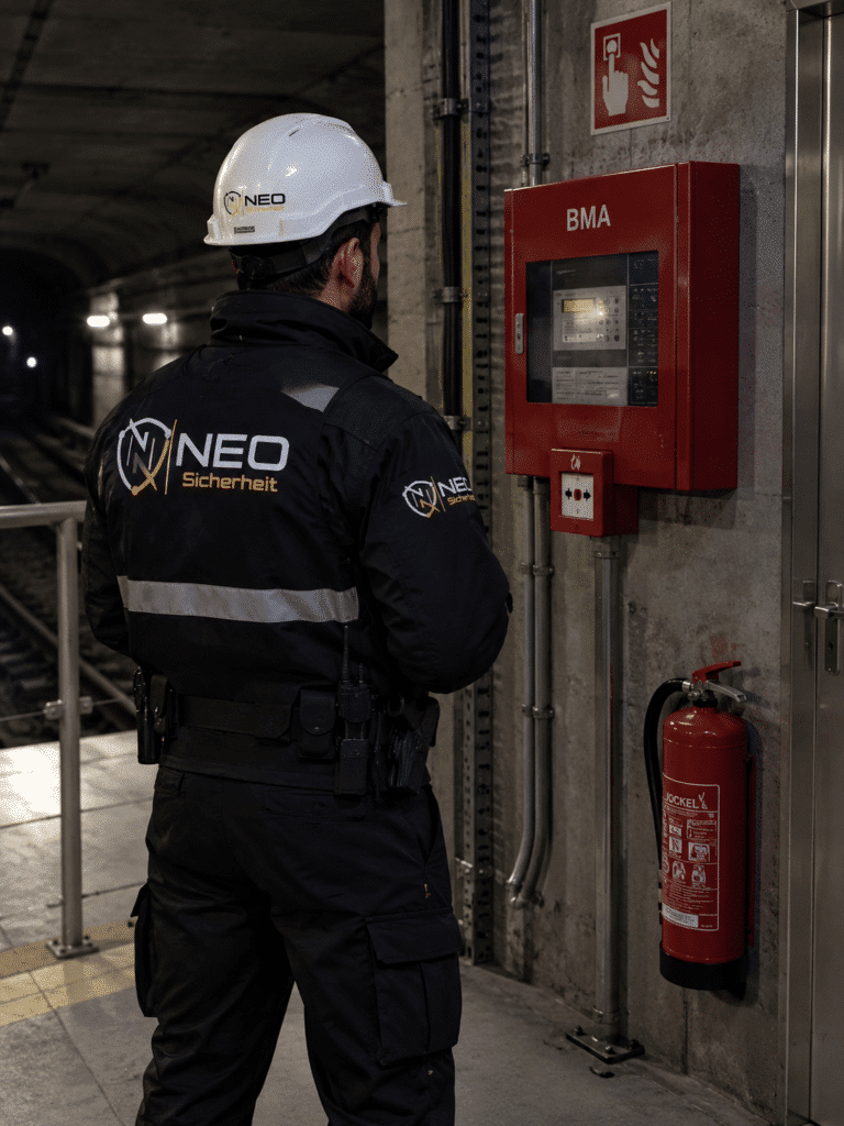 Brandwache von NEO Sicherheit in Frankfurt kontrolliert die Brandmeldeanlage (BMA)